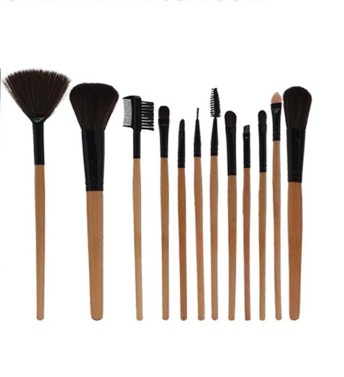 12-Piece Professional Makeup Brush Set with Roll-Up Pouch – Soft Bristles & Wooden Handles