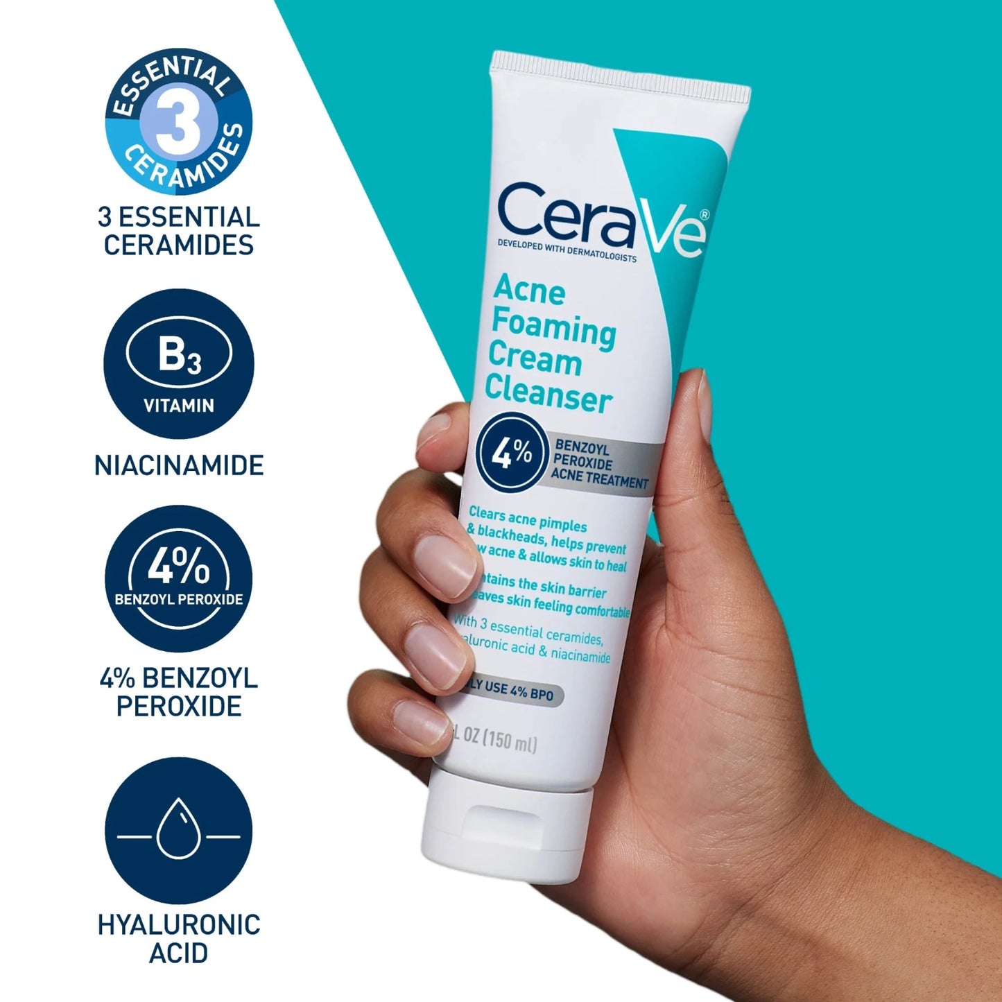 CeraVe Acne Foaming Cream Cleanser – 4% Benzoyl Peroxide Treatment [120ml]