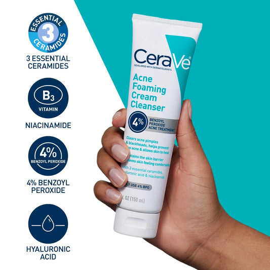CeraVe Acne Foaming Cream Cleanser – 4% Benzoyl Peroxide Treatment [120ml]