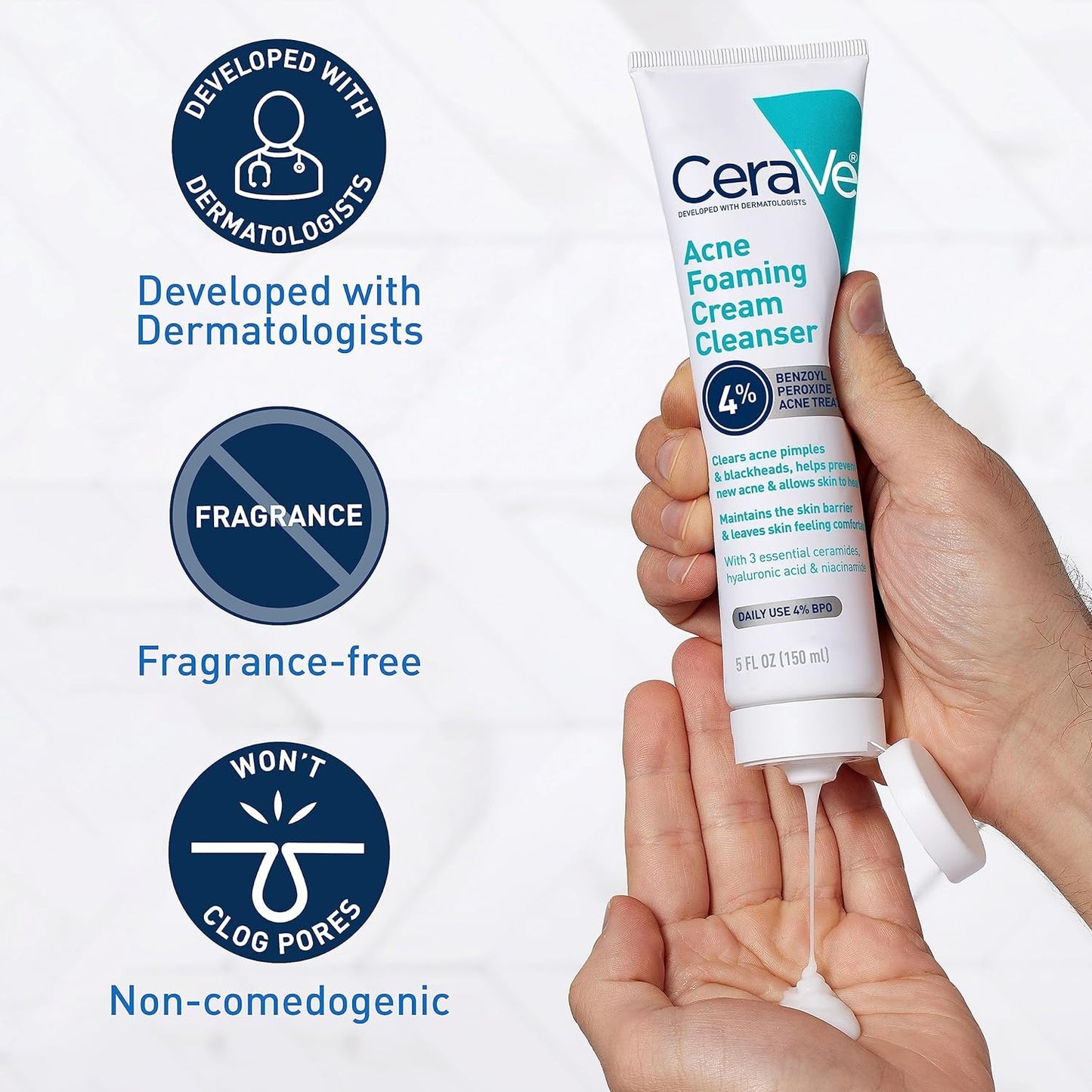 CeraVe Acne Foaming Cream Cleanser – 4% Benzoyl Peroxide Treatment [120ml]