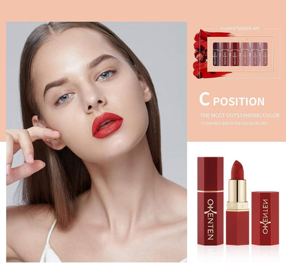 6 Pcs High Pigmented Lipstick Set – Cream Formula, Matte Texture, Shades of Red & Pink, Long Lasting