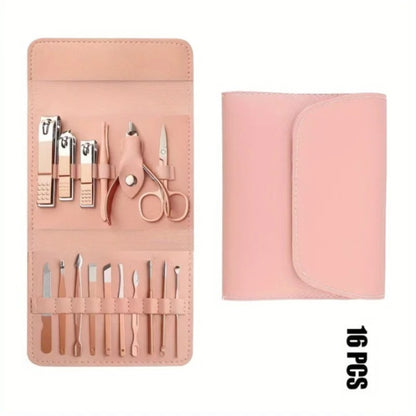 16pcs Professional Manicure & Pedicure Set – Nail Clippers, Cuticle Nippers & Grooming Tools with Travel Case (Random color)