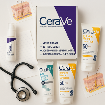 CeraVe Skincare Set – Night Cream, Retinol Serum, Acne Foaming Cream Cleanser, and Hydrating Mineral Sunscreen SPF 50 – Dermatologist Developed
